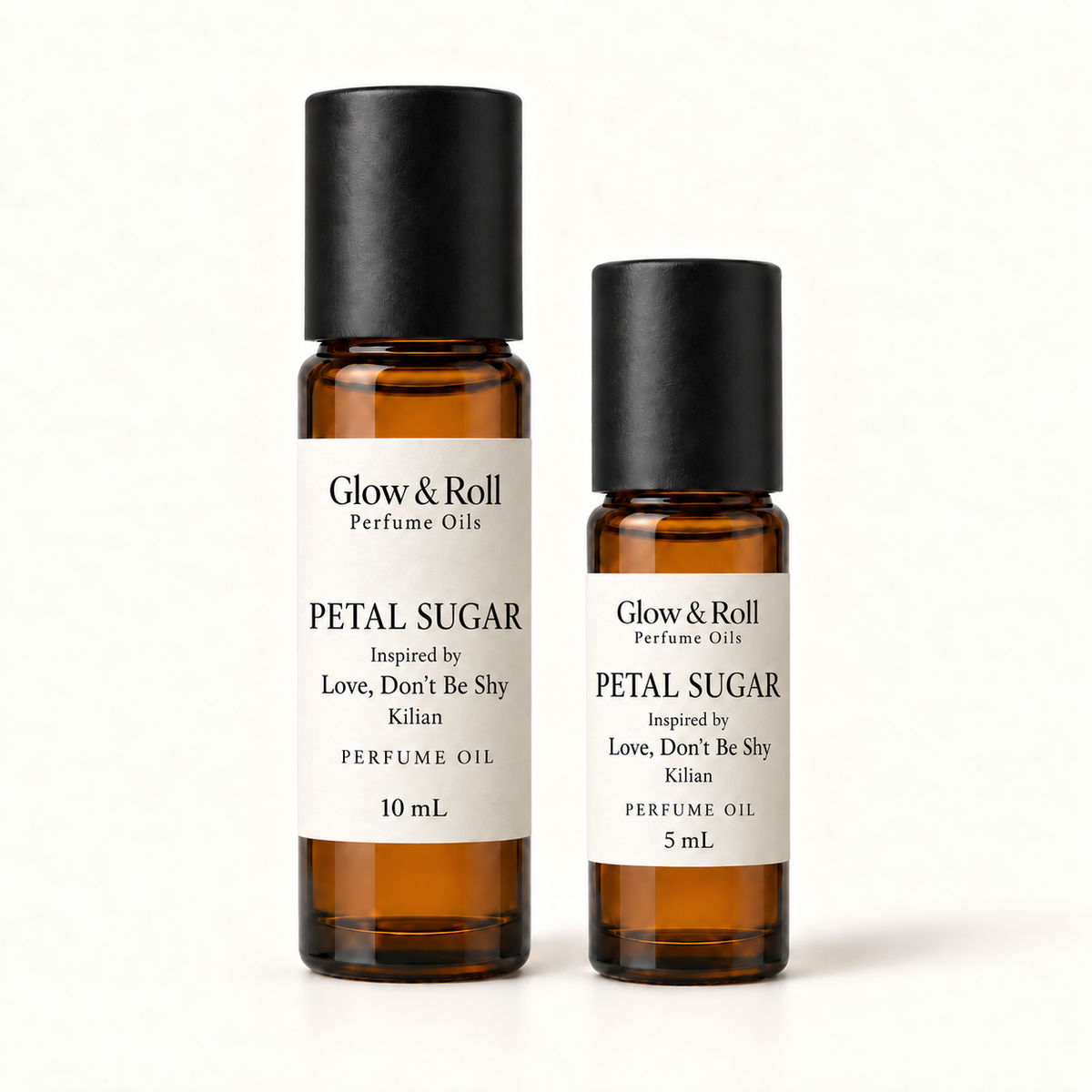 Glow & Roll Perfume Oils Petal Sugar, 10 mL and 5 mL rollers, inspired by Love, Don't Be Shy by Kilian.